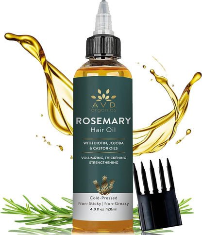 AVD Organics Rosemary Oil for Hair Growth & scalp | Infused with Biotin | Hair Stregthening Nourishing and Volumizing | infused with Jojoba & Castor Oil | NON - GMO 120ml