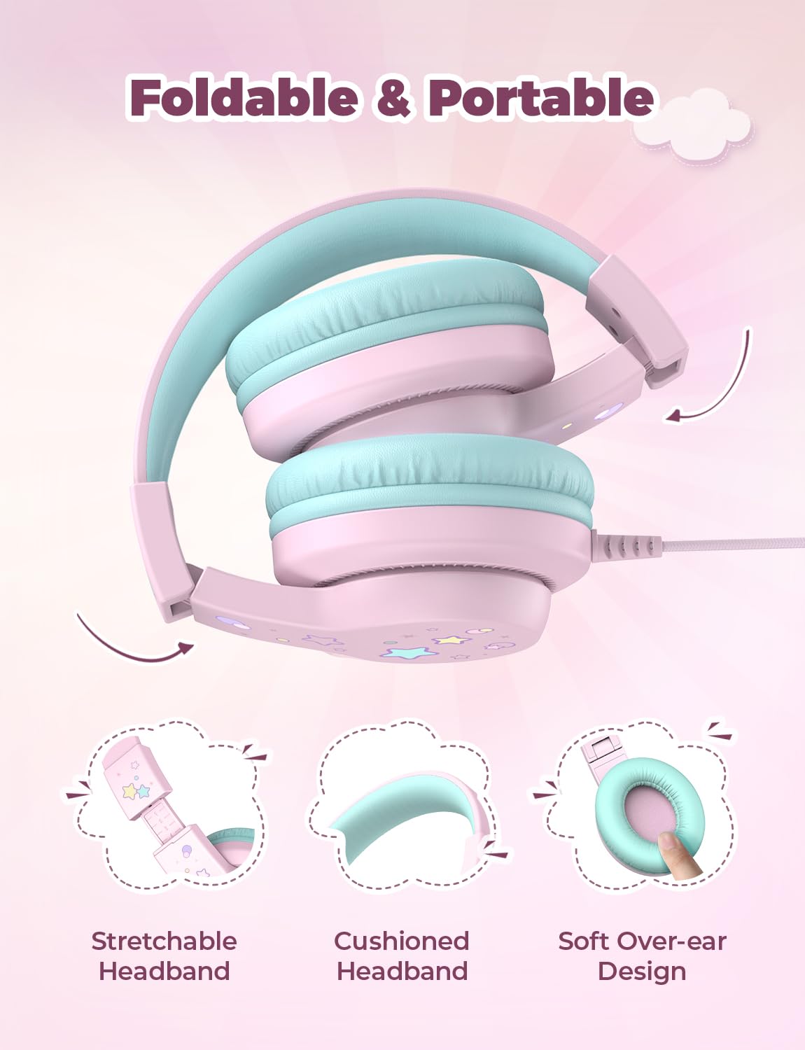 iClever Kinderkopfhörer für Schule und Reisen, sichere Lautstärkebegrenzung, HD-Mikrofon, Stereo-Sound Over-Ear-Kopfhörer für Mädchen und Jungen, FunShare Faltbar, 3,5 mm kabelgebunden für iPad Computer, HS19