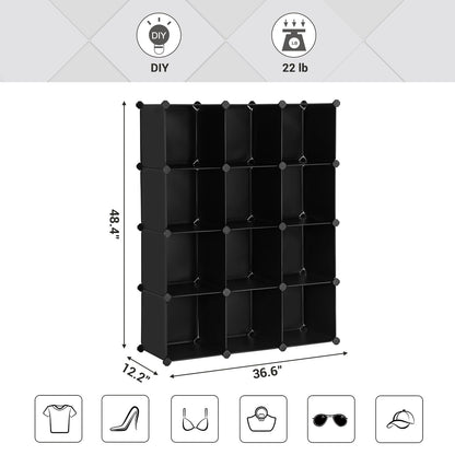 SONGMICS Cube Storage Organizer, Set of 16 Plastic Cubes, Closet Organizers and Storage, Room Organization, Bedroom Living Room, 12.2 x 48.4 x 48.4 Inches, Rustic Brown ULPC442A01