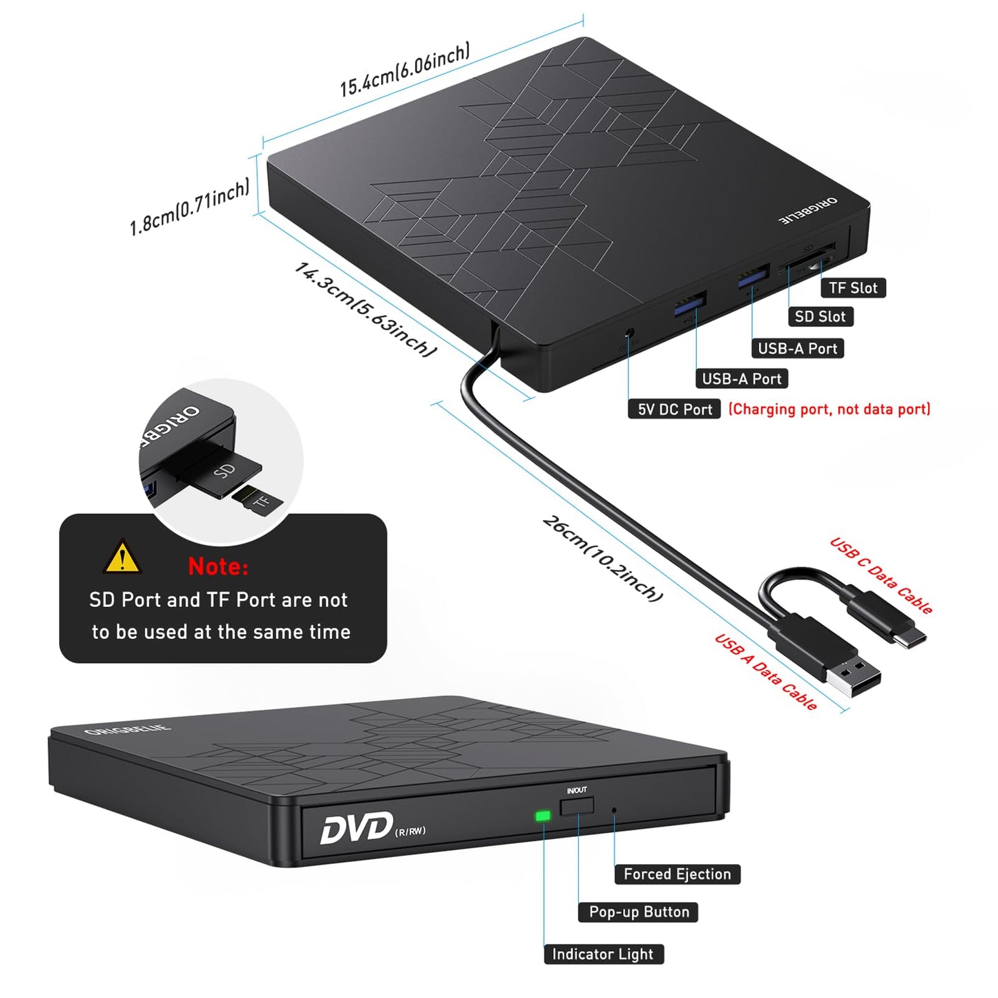 ORIGBELIE externes DVD-Laufwerk, CD-Laufwerk USB 3.0 Typ-C CD/DVD ROM +/-RW Adapter mit USB-Anschluss DVD-Brenner für Laptop, PC, Desktop-Computer, optisches Laufwerk CD-Player kompatibel mit Mac Windows Linux