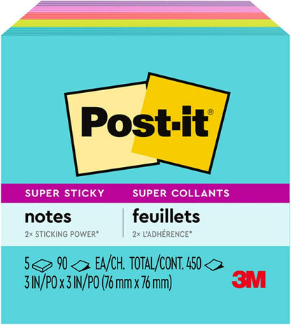 Post-it Super Sticky Haftnotizen, 5 Haftnotizblöcke, 76 x 76 mm, Schulbedarf, Bürobedarf, Haftnotizen für vertikale Flächen, Monitore, Wände und Fenster, Supernova Neons Kollektion