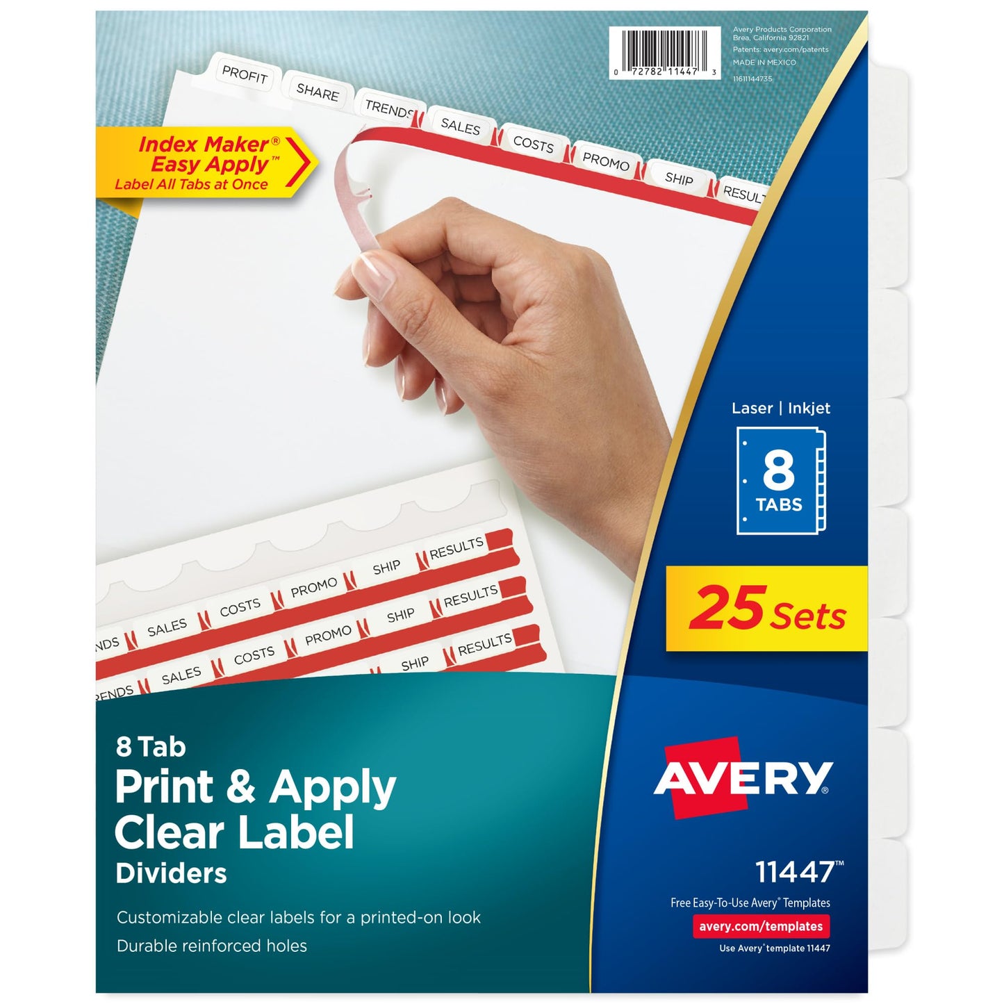 Avery 5 Tab Dividers for 3 Ring Binder, Easy Print & Apply Clear Label Strip, Index Maker Customizable White Tabs, 50 Sets (11556)