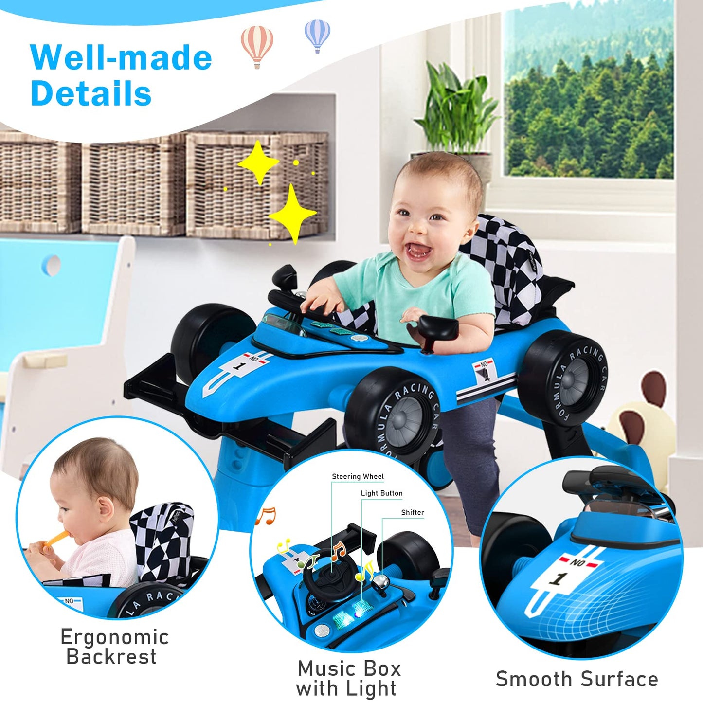 BABY JOY 4-in-1 Baby Walker, Foldable Activity Walker with Adjustable Height & Speed, Music, Lights, Anti-Rollover, Toddler Push Walker, Baby Walker with Wheels for Boys Girls 6-18 Months (Pink)