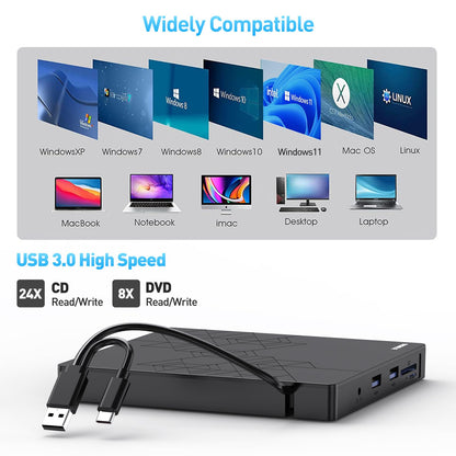 ORIGBELIE externes DVD-Laufwerk, CD-Laufwerk USB 3.0 Typ-C CD/DVD ROM +/-RW Adapter mit USB-Anschluss DVD-Brenner für Laptop, PC, Desktop-Computer, optisches Laufwerk CD-Player kompatibel mit Mac Windows Linux