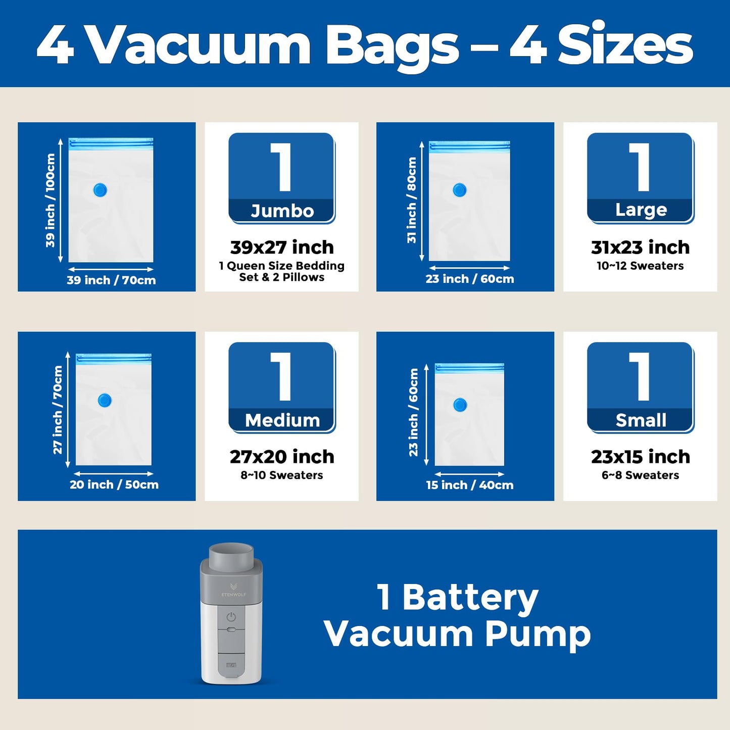 ETENWOLF Vacuum Storage Bags for Travel with Rechargeable Wireless Pump, Vacuum Seal Bags for Clothes and Travel, Space Saver Bags in Carry-On Sizes, Perfect for Luggage and Suitcases, 12 Combo