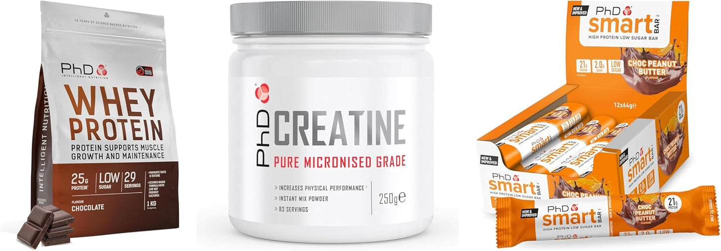 PhD Build Muscle Trio — Whey Choc + Creatine + Smart Bar Choc Peanut Butter