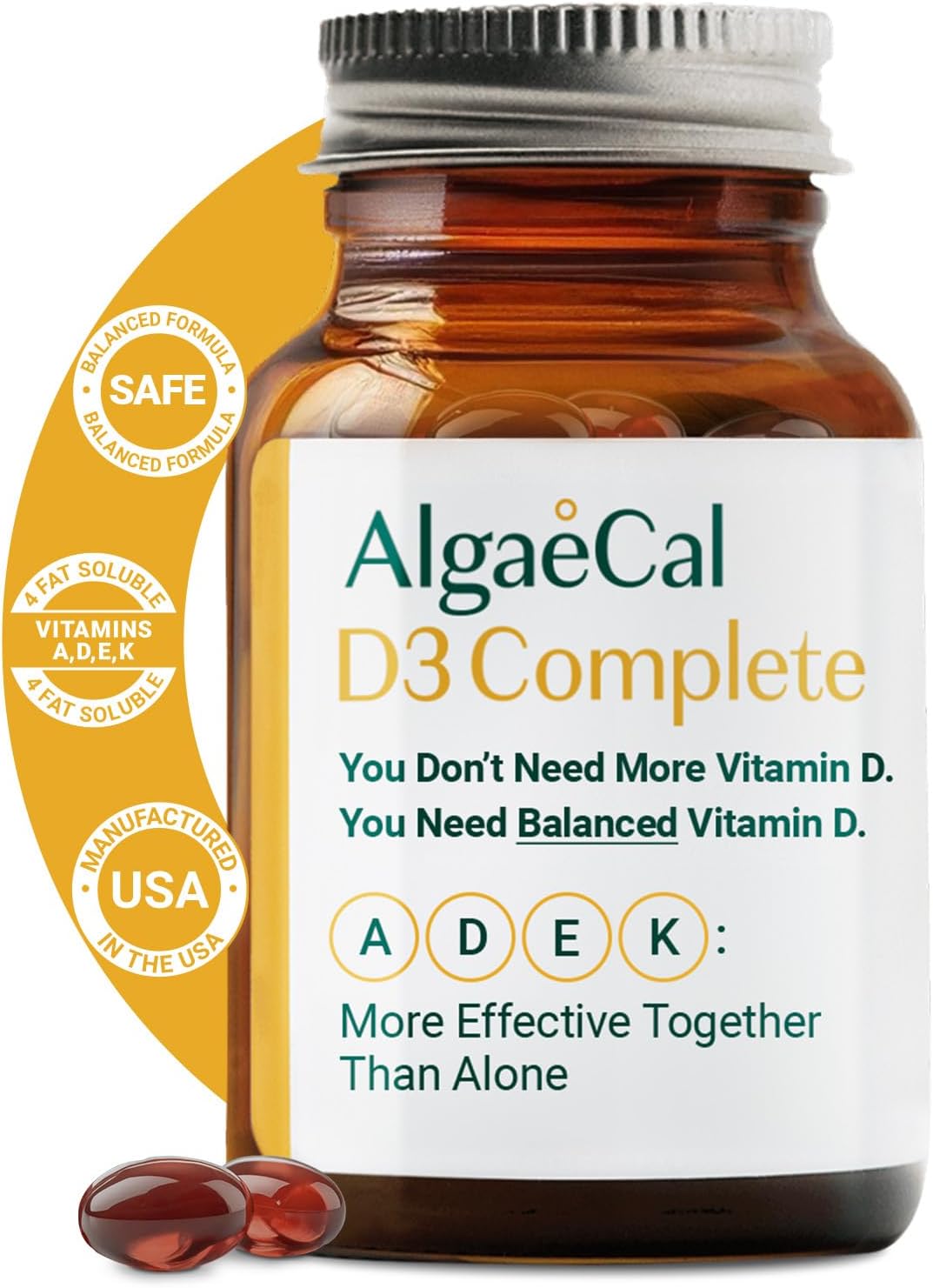 ALGAECAL 4-in-1 Vitamin D3 K2 Complete - ADK Vitamin Supplement, Enhanced Immune Support & Bone Health with D3 K2, A, & E - Whole Body Wellness & Bone Strength, Easy-Swallow Softgels, 6 Month Supply
