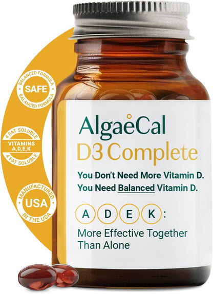 ALGAECAL 4-in-1 Vitamin D3 K2 Complete - ADK Vitamin Supplement, Enhanced Immune Support & Bone Health with D3 K2, A, & E - Whole Body Wellness & Bone Strength, Easy-Swallow Softgels, 6 Month Supply
