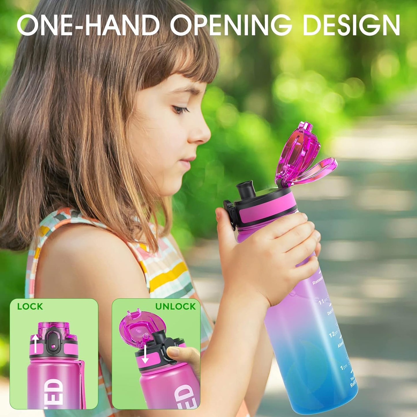 Sahara Sailor Trinkflasche, 950ml Motivations-Sportflasche mit Zeitmarkierung – Trinkzeiten – Tritan, BPA-frei, weite Öffnung auslaufsicher, Fast-Flow-Technologie mit Reinigungsbürste (1 Flasche)