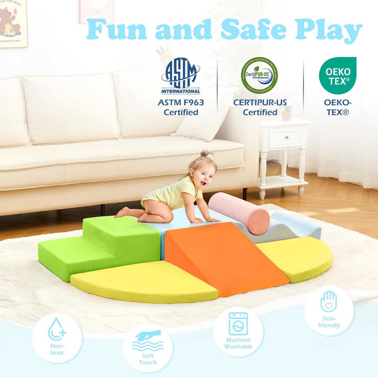 QUCHI Kletterspielzeug für Kleinkinder, Kletterspielzeug für Kleinkinder drinnen, 7-teiliges Weichschaum-Kletterblock-Set, Kleinkind-Spielecke Kletterer Indoor Schaumstoff-Spielplatz zum Klettern, Krabbeln und Rutschen