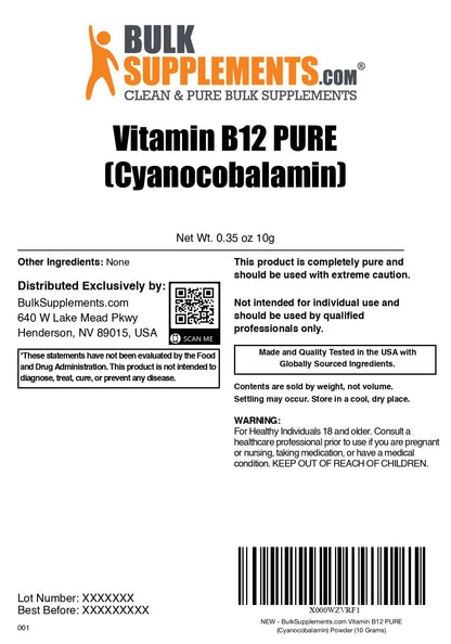 BulkSupplements.com Pure Vitamin B12 Powder - Cyanocobalamin, Vitamin B12 Supplement - Vegan & Gluten Free, Multiple Servings, 100g (3.5 oz) (Pack of 1)