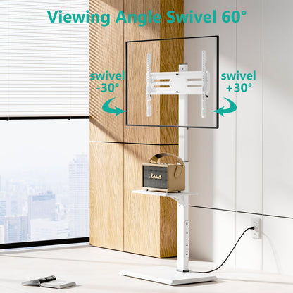 WALI Rolling TV Stand with Power Outlet & AV Shelf, Mobile Tall TV Stand Mount on Wheels for 34-75 inch TV up to 110 lbs, Swivel Height Adjustable TV Cart with Wood Base for Bedroom(TVDVD-6PRW), White