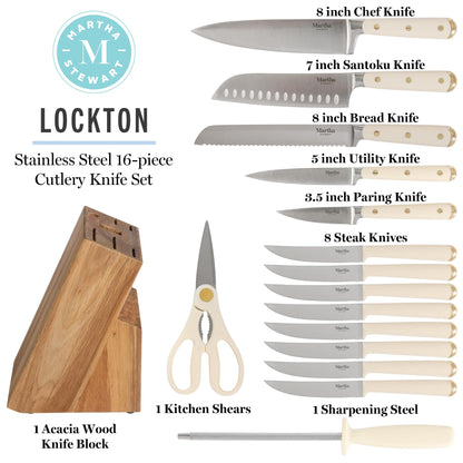 Martha Stewart Knife Block Set 16-Piece - Lockton High Carbon Stainless Steel Forged Full Tang Chef Knives, Acacia Wood Block, Triple Riveted Handles, Linen White & Gold