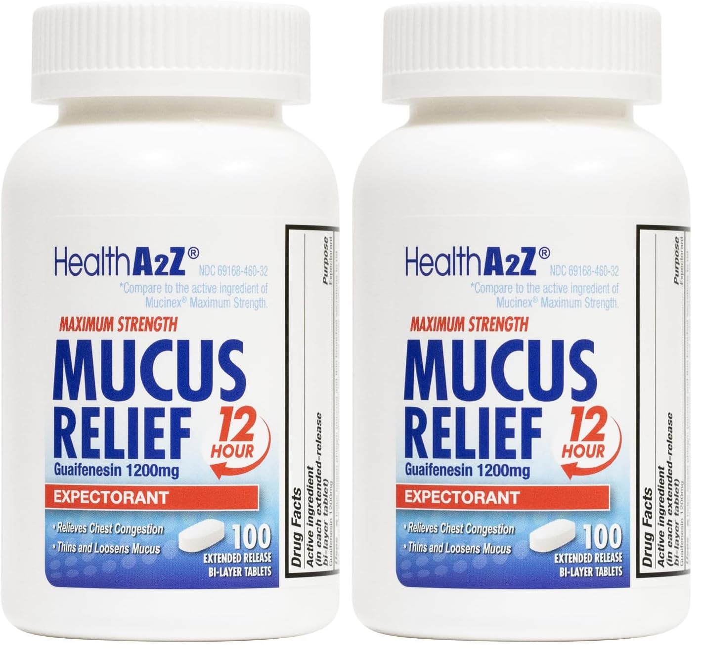 HealthA2Z® Mucus Relief | Guaifenesin 1200 mg | 100 Tablets | 12 Hour | Expectorant | Relieves Chest Congestion | Thins and Loosens Mucus (100 Tablets) (Pack of 2)
