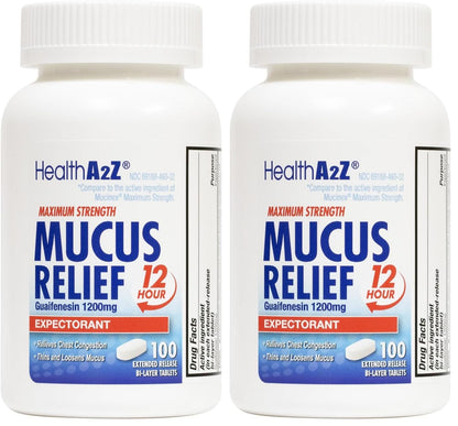 HealthA2Z® Mucus Relief | Guaifenesin 1200 mg | 100 Tablets | 12 Hour | Expectorant | Relieves Chest Congestion | Thins and Loosens Mucus (100 Tablets) (Pack of 2)