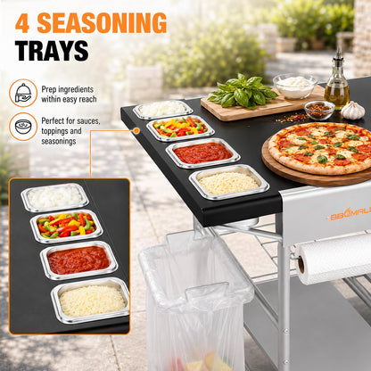 Pizza Oven Table Grill Cart with Topping Station, Grill Table Stand with Wheels for Ninja, Blackstone Griddle, Ooni, Gozney, Cuisinart, Heavy Duty BBQ Prep Cart with Storage Shelf and Hooks
