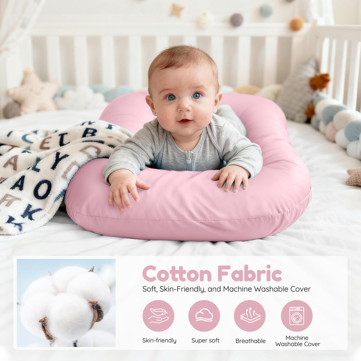 Baby Lounger & Snuggle Nest for Newborn 0-24 Months, Baby Nest Supervised Breathable Cotton for Newborn, Breathable Portable Infant Lounnger for Travel and Home, Pink (Lounger Cover Included)