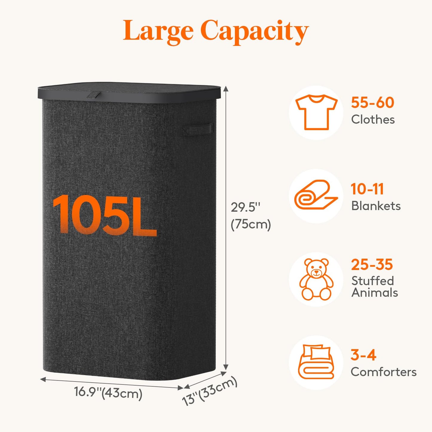 Lifewit 105L Large Laundry Basket with Lid, Laundry Hamper with Plastic Handles and Removable Bag, Foldable Tall Dirty Clothes Hampers for Laundry for Laundry Room, Bedroom, Bathroom, Dorm, Beige