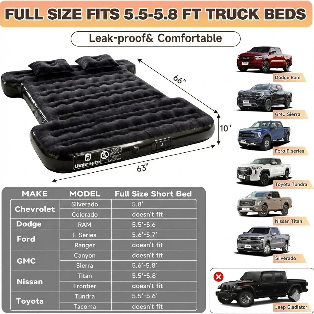 Umbrauto Car Air Mattress Backseat| Inflatable Truck Back Seat Camping Airbed for SUV Rear Seat, Blow Up Sleeping Travel Bed for Van Trunk with Pump & Pillows