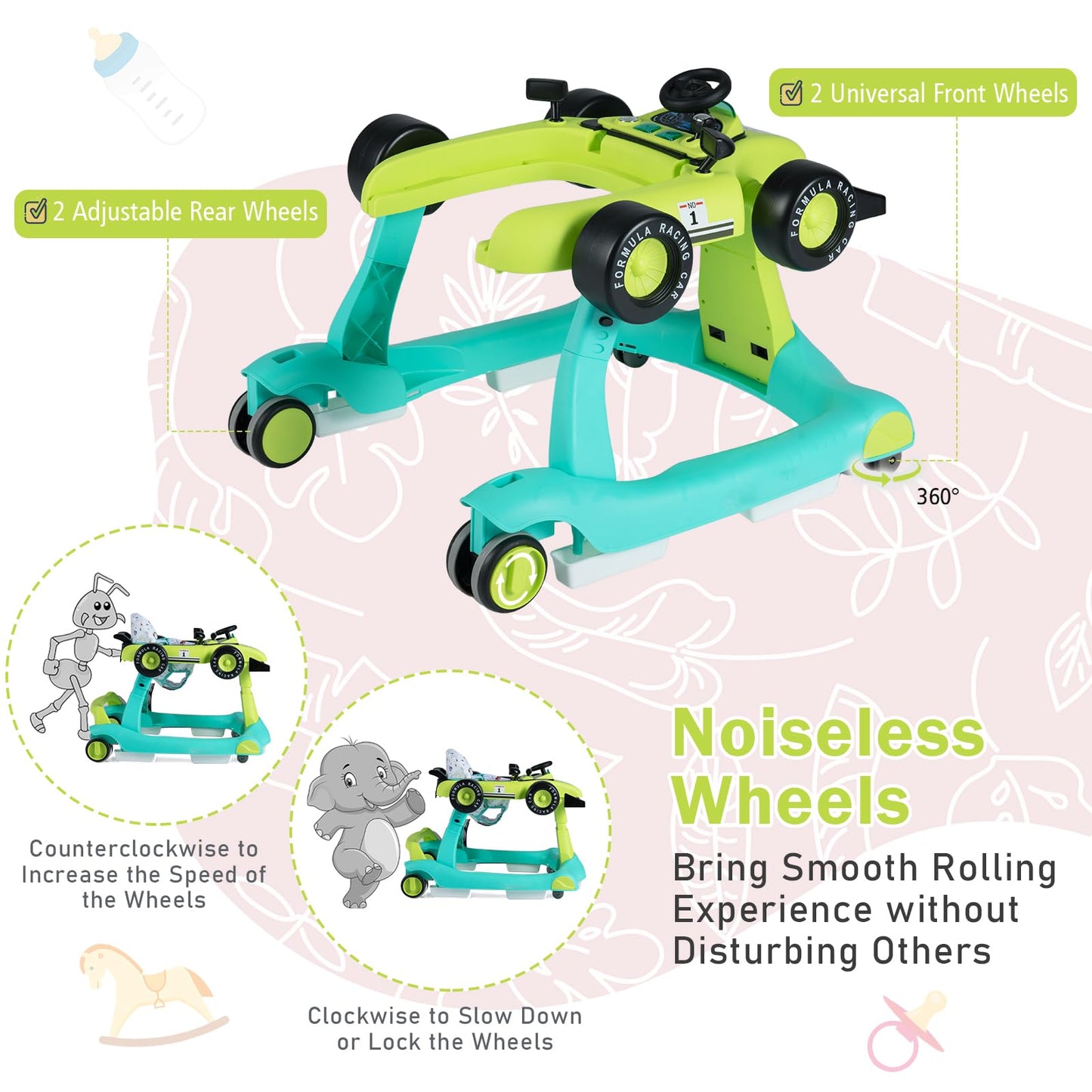 BABY JOY 4-in-1 Baby Walker, Foldable Activity Walker with Adjustable Height & Speed, Music, Lights, Anti-Rollover, Toddler Push Walker, Baby Walker with Wheels for Boys Girls 6-18 Months (Pink)