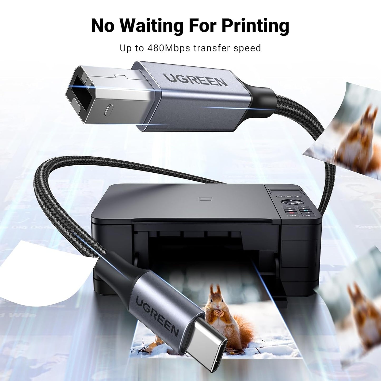 UGREEN USB C Drucker-Kabel Typ C auf A geflochtenes MIDI-Kabel kompatibel mit DJ-Controller, MIDI-Keyboard, digitalem Mischpult, Piano-Keyboard für MacBook Pro, iPad, 1,8 m