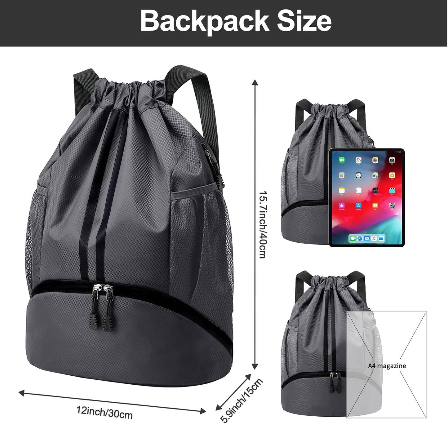 Hoedia Sports-Kordelzugrucksack – Schwimm-Turnbeutel mit Schuhfach und wasserdichter Tasche für Damen und Herren