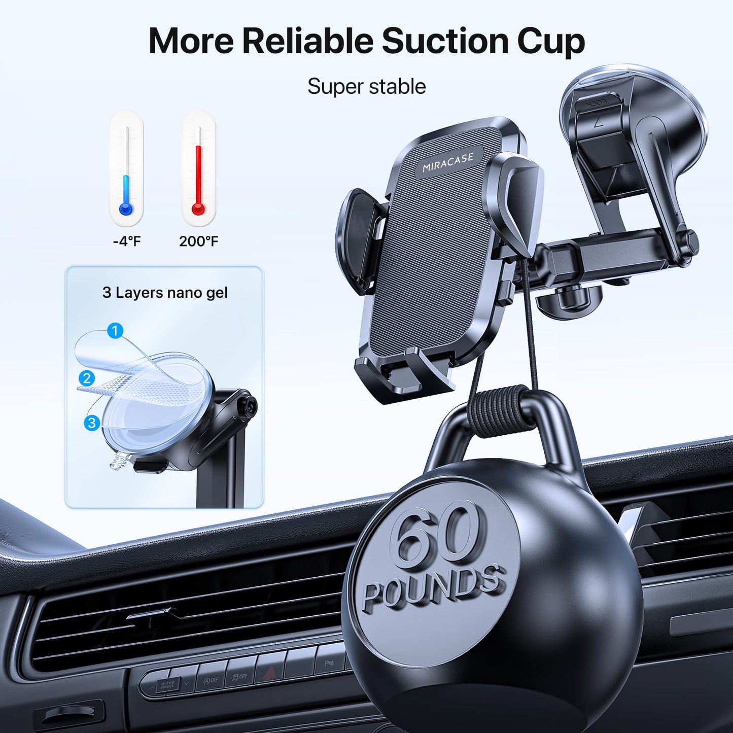 Miracase Car Phone Mount, [Upgraded Strong Military Grade Suction Cup] Long Arm Phone Holder for Car Dashboard Windshield Vent, Hands Free Cell Phone Holder Compatible with All Mobile Phones