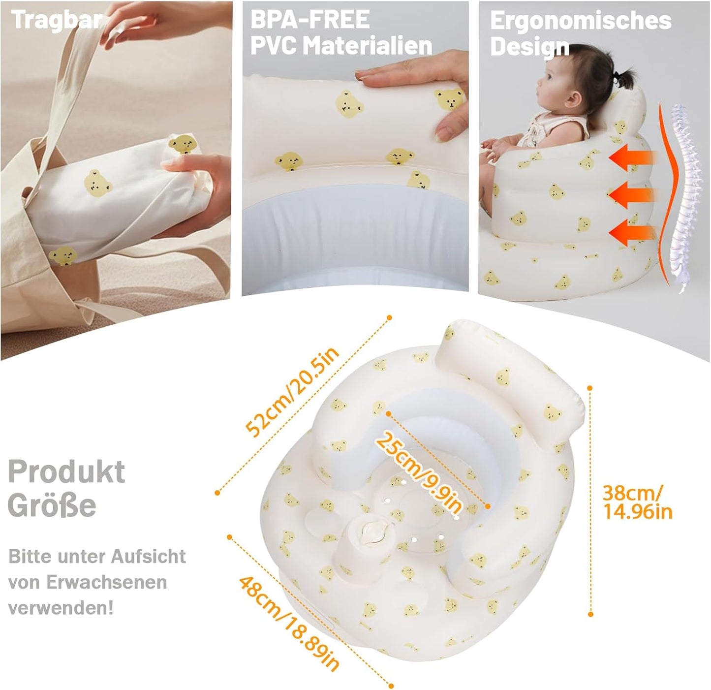 Aufblasbarer Babysitz, aufblasbarer Babystuhl für Babys ab 3 Monaten, aufblasbarer Sommerstuhl mit integrierter Luftpumpe, Baby-Bodensitz zum Sitzenlernen, Spielen, Campen, Orange