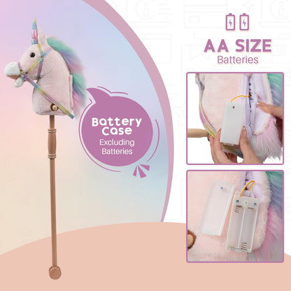 HollyHOME Plüsch Einhorn Steckenpferd mit Holzrädern Echten Pony Wiehern und Galoppieren Geräuschen Plüschtier Rosa 94 cm (AA Batterien Benötigt)