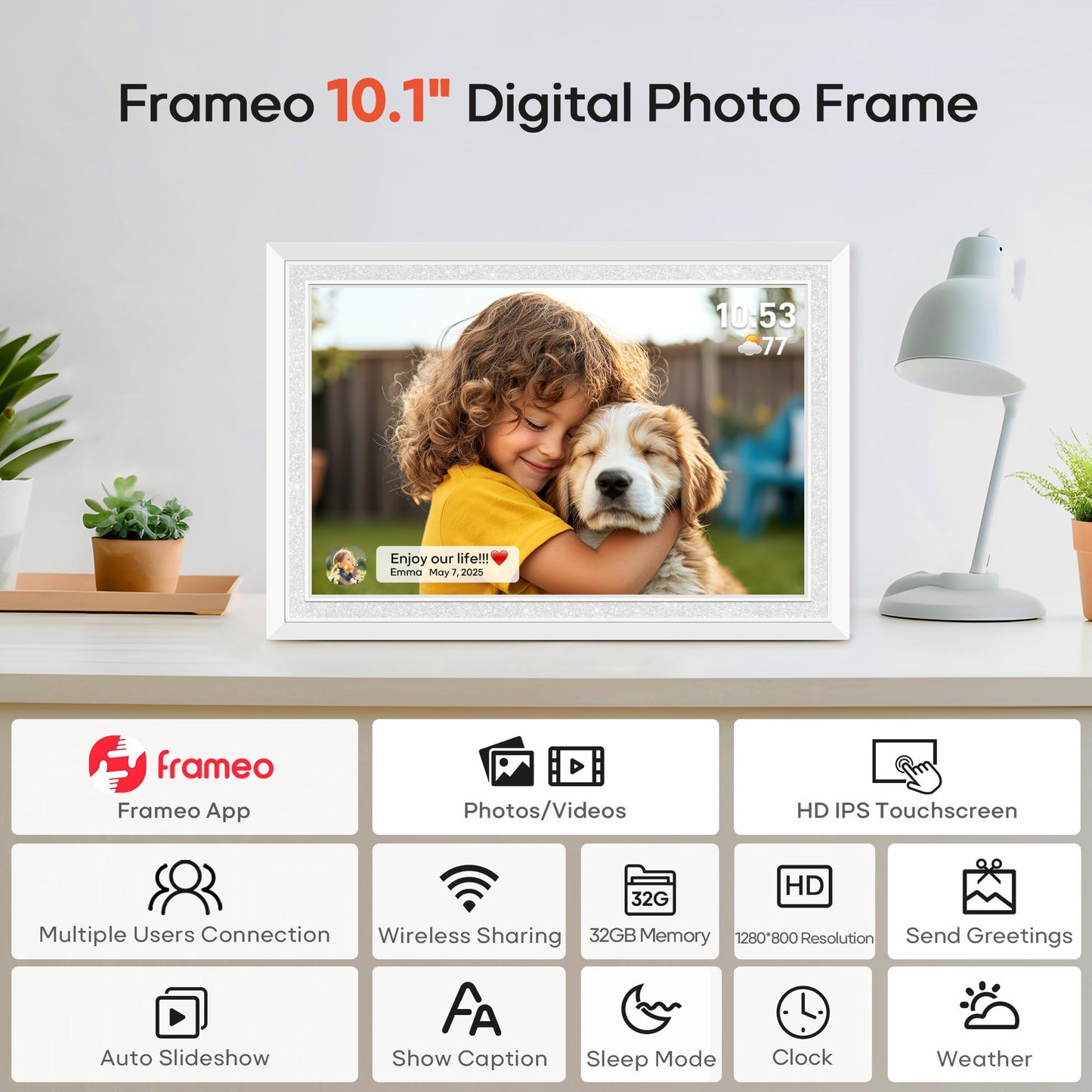 Frameo 10.1 Inch WiFi Digital Picture Frame, Smart Cloud Electronic Photo Frame with HD IPS Touch Screen Slideshow 32GB Memory Auto-Rotate Wall Mount, Share Photos/Videos from Phone - Gifts for Mom
