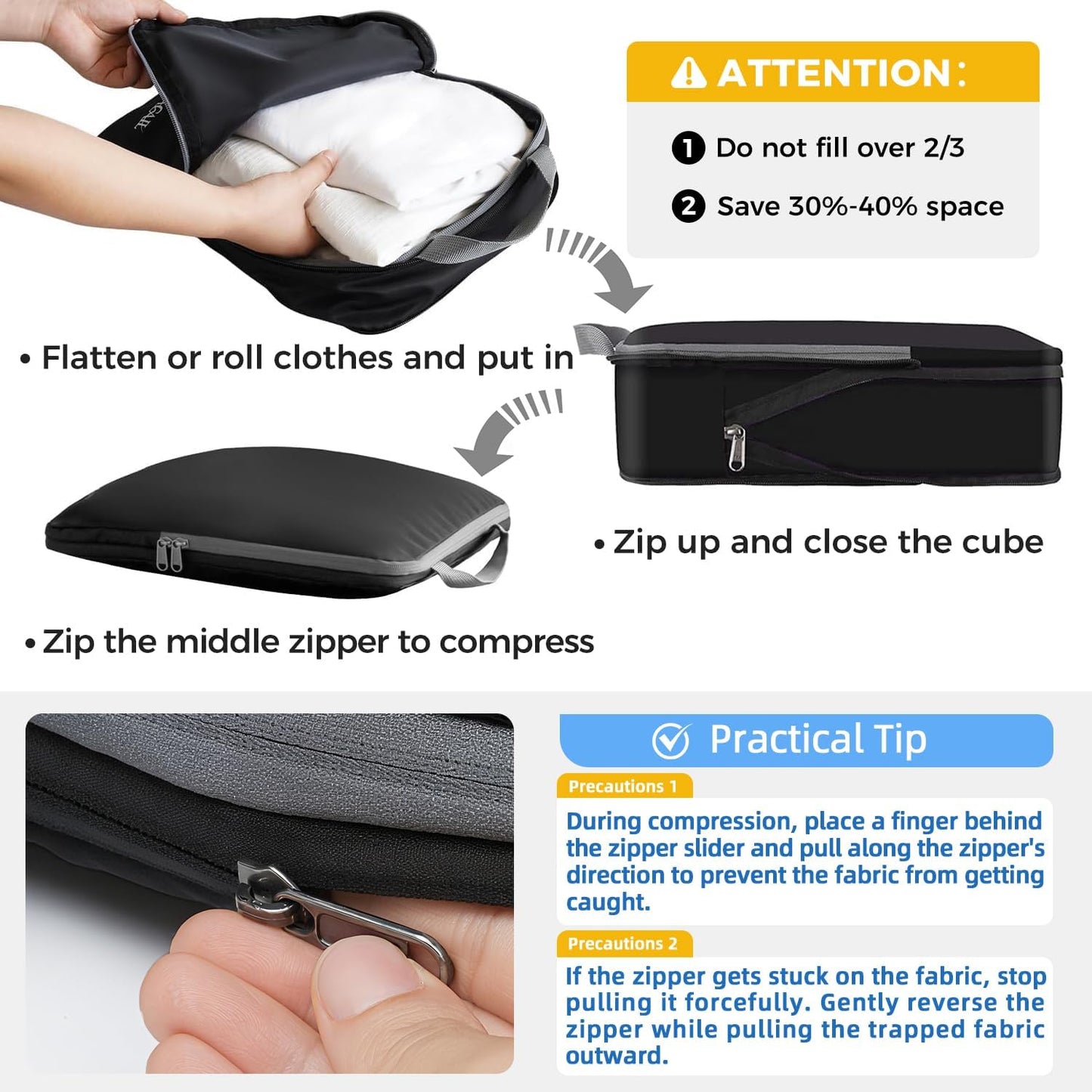 BAGAIL 4er-Set Kompressions-Packwürfel Reise-erweiterbare Packorganizer (Schwarz, 4er-Set)