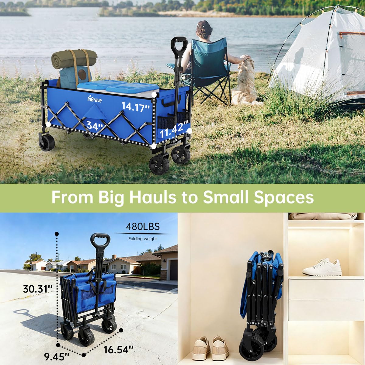 Extra Long Collapsible Wagon Cart, 480LBS Heavy Duty Utility Wagons with All-Terrain Wheels, Foldable Grocery Carts for Gardening, Shopping, Beach, Camping, Black