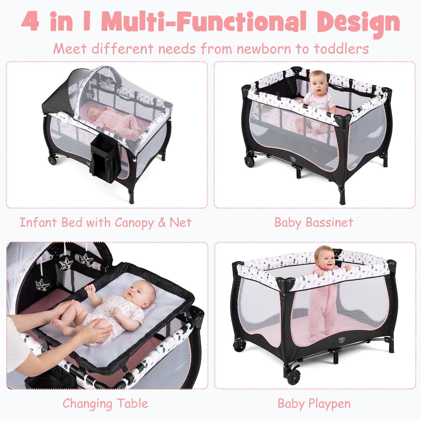 BABY JOY 4 in 1 Pack and Play with Canopy, Portable Baby Playard with Bassinet, Double-Layer Baby Crib, Wheels & Brake, Foldable Baby Girl Pink Bassinet from Newborn to Toddler