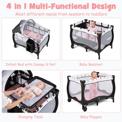 BABY JOY 4 in 1 Pack and Play with Canopy, Portable Baby Playard with Bassinet, Double-Layer Baby Crib, Wheels & Brake, Foldable Baby Girl Pink Bassinet from Newborn to Toddler