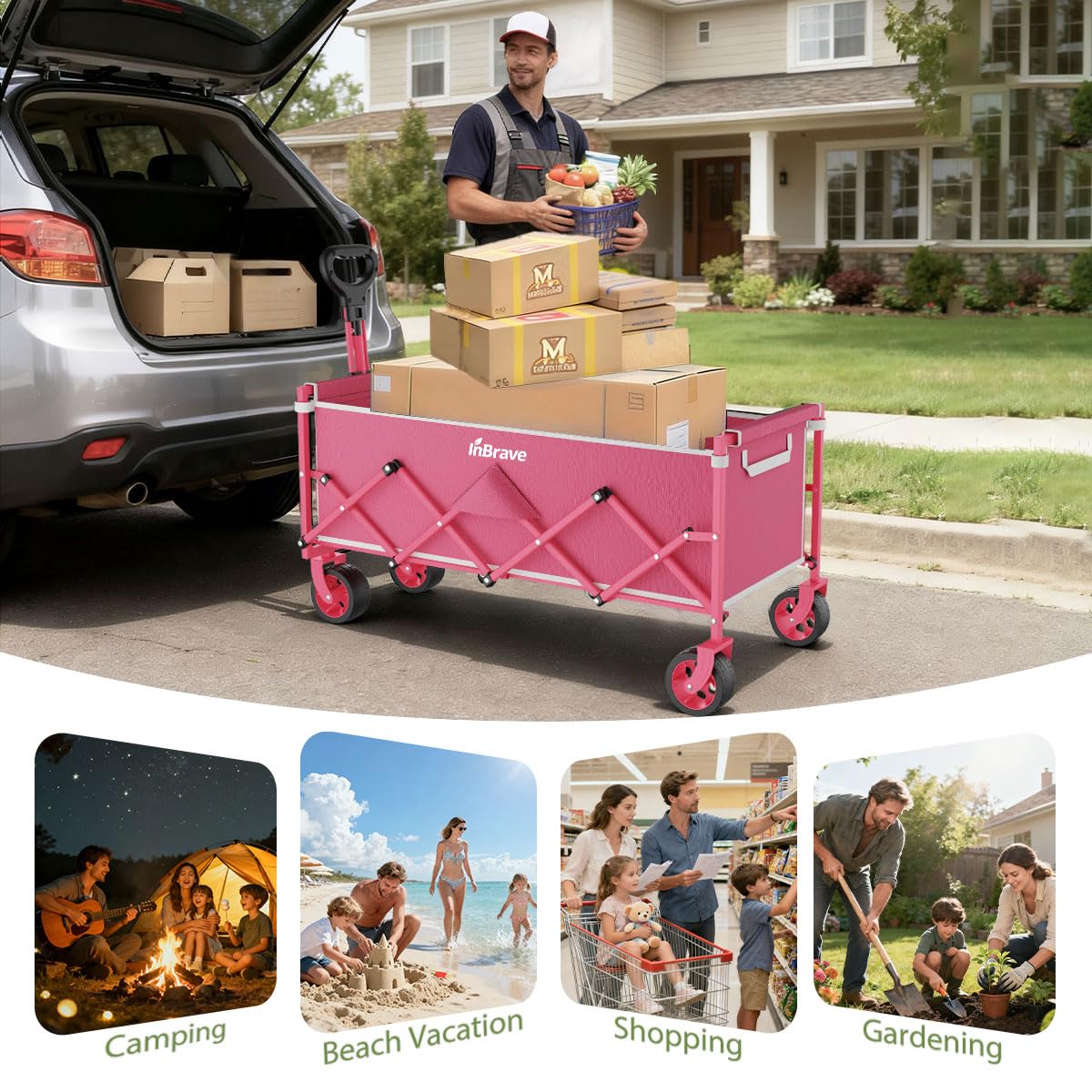 Extra Long Collapsible Wagon Cart, 480LBS Heavy Duty Utility Wagons with All-Terrain Wheels, Foldable Grocery Carts for Gardening, Shopping, Beach, Camping, Black