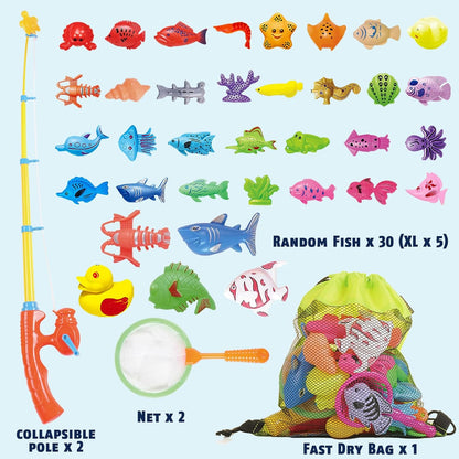 CozyBomB Magnetisches Angelspielzeug-Set für Kinder – Planschbecken, Badewanne, Kinderparty-Spielzeug mit Angelrute, Netz, schwimmenden Plastikfischen, Kleinkinder, Farben, Ozean, Meerestiere, Alter 3 4 5 6 Jahre