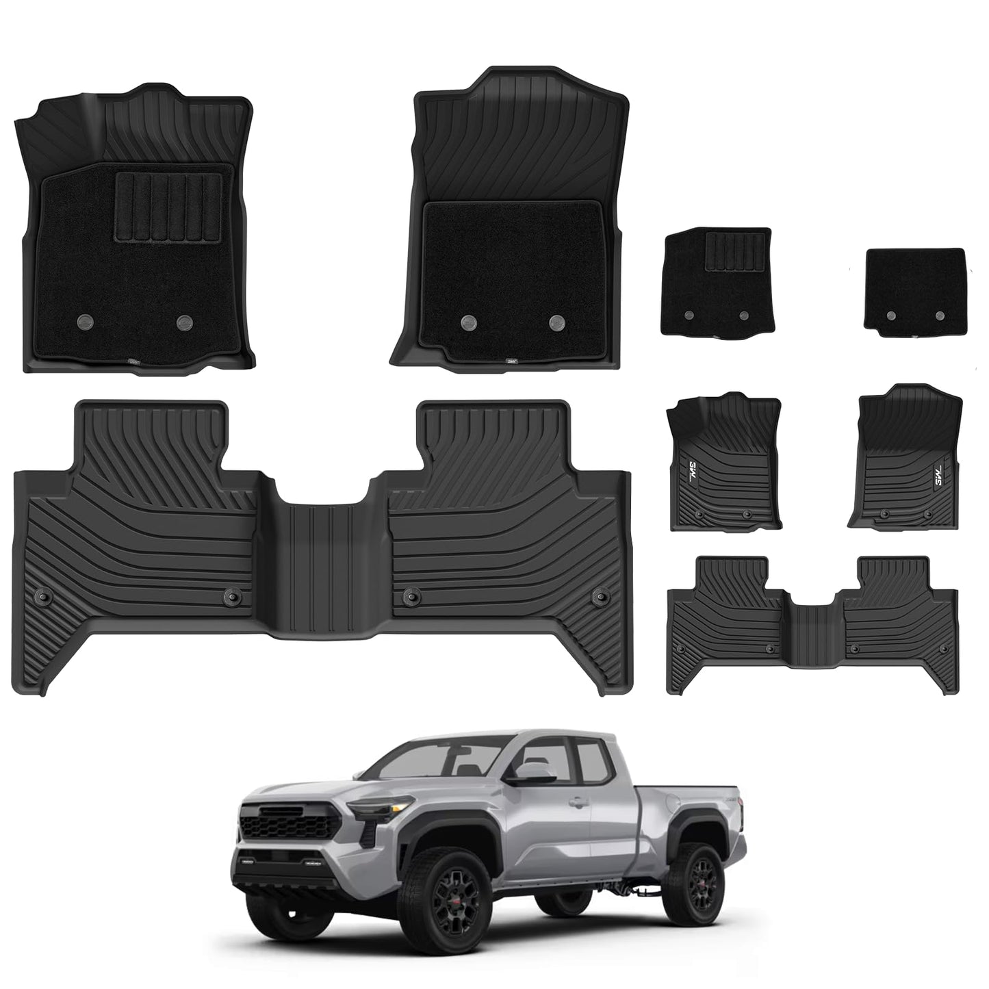 3W Floor Mats for Toyota Tacoma 2024 2025 2026 Double Cab Auto Tran(Not Fit Hybrid & XtraCab), TPE All Weather Custom Fit Floor Liner for Tacoma TRD/SR/SR5/limited Car Liners.