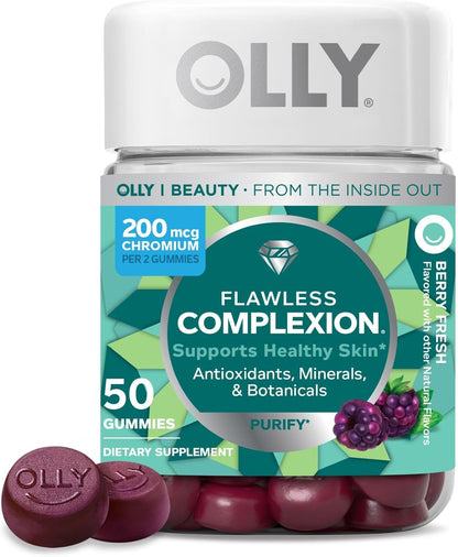 OLLY Flawless Complexion Gummy, Clear and Healthy Skin Support, Vitamins E, A, Zinc, Chewable Supplement, Berry - 50 Count (Pack of 12)