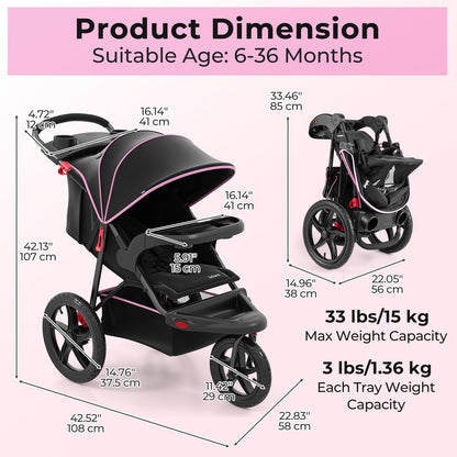 INFANS Jogging Stroller, Foldable Jogger with Air-Filled Tires Shock Absorbing Suspension Adjustable Backrest, Baby Running Strollers