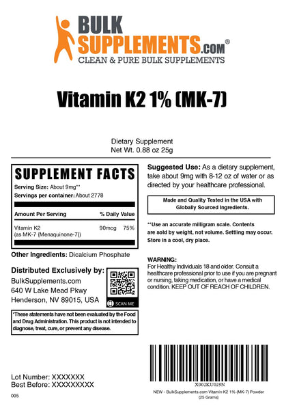 BulkSupplements.com Vitamin K2 Powder - Vitamin K2 MK-7, as Menaquinone Powder - K2 Vitamin Supplement for Wellness, Gluten Free, 9mg per Serving, 500g (1.1 lbs) (Pack of 1)