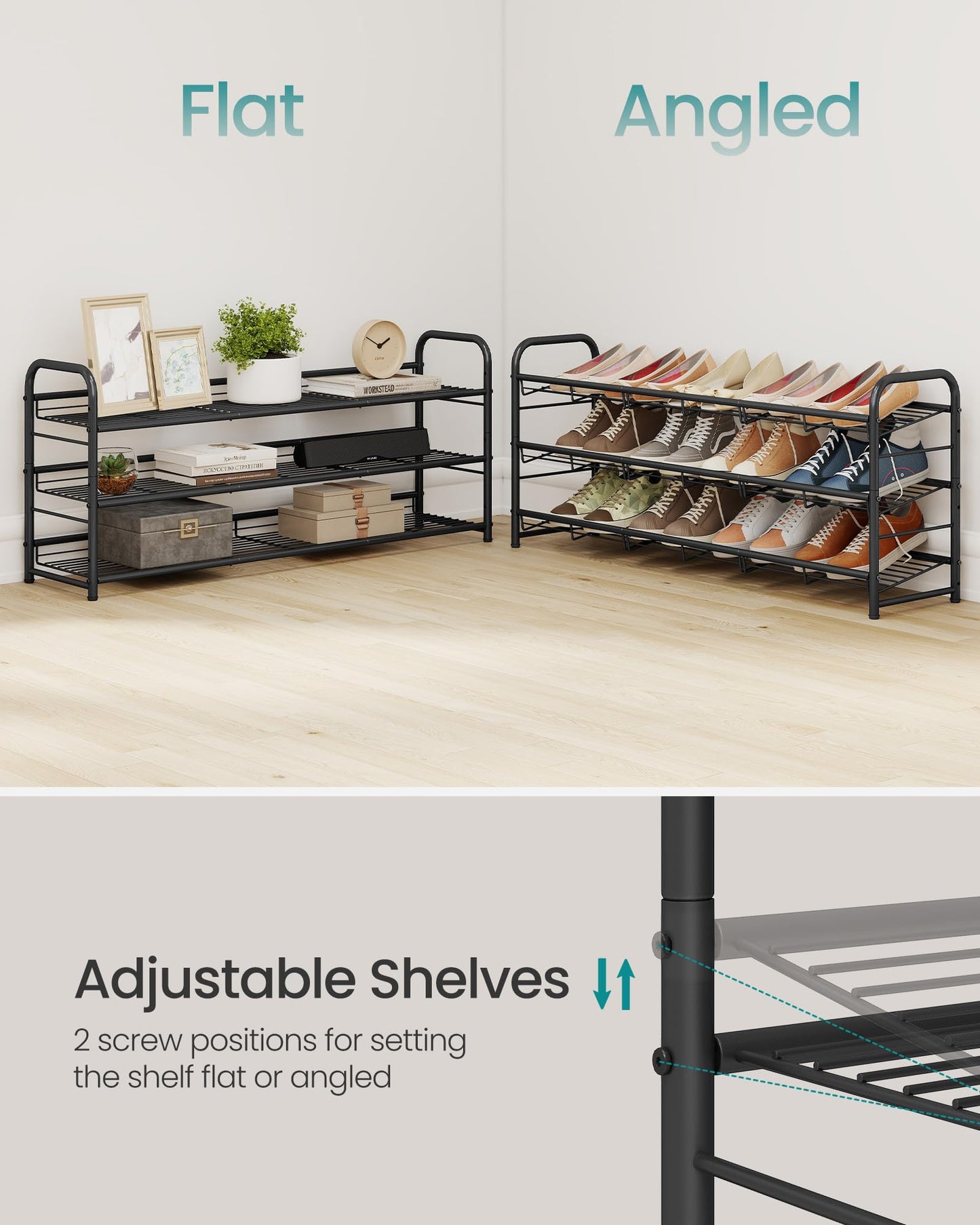 SONGMICS Stackable Shoe Rack, 4 Tier Metal Shoes Rack Storage Shelf, Holds up to 16 Pairs Shoes, Adjustable Slanted Shelves Tower Organizer for Closet Entryway Small Spaces, Bronze