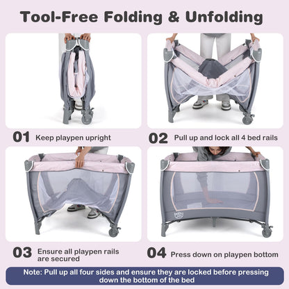 BABY JOY 5 in 1 Pink Pack and Play, Portable Baby Playard with Bassinet & Changing Table, Infant Pink Girl Bassinet Center w/Hangings & Music & Oxford Bag for Baby Toddlers (Rose, Dot Circle)