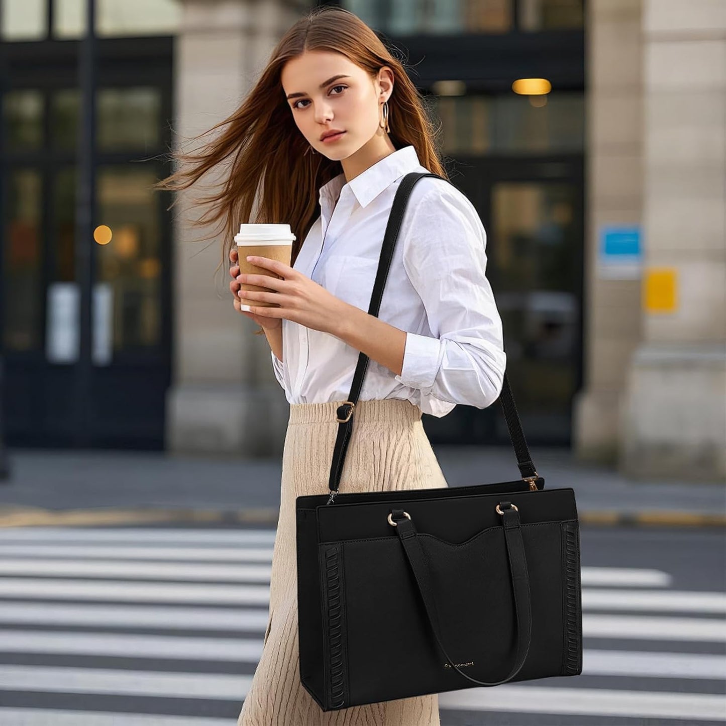 RAINSMORE Laptop Bag for Women 15.6 Inch Work Tote Bag with Detachable Strap & Bow Leather Laptop Tote with Cup Holder