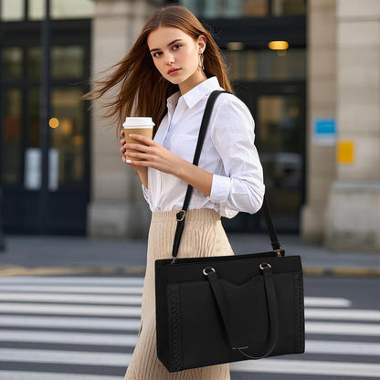 RAINSMORE Laptop Bag for Women 15.6 Inch Work Tote Bag with Detachable Strap & Bow Leather Laptop Tote with Cup Holder