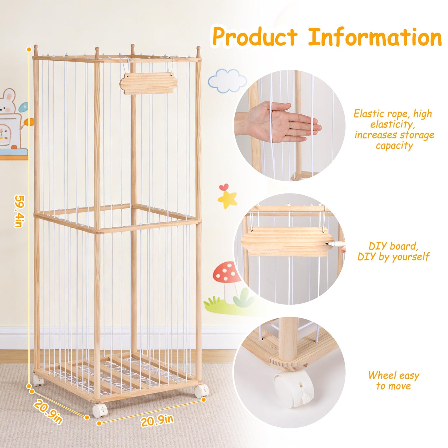 TANONE Stuffed Animal Storage - Wooden Large Organizer Holder for Playroom - Plush Zoo Animals Holder with Elastic Cords & Brake Wheel for Toddler Bedroom Toy Stuff Organization