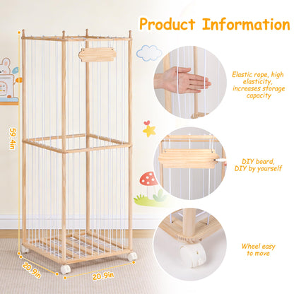 TANONE Stuffed Animal Storage - Wooden Large Organizer Holder for Playroom - Plush Zoo Animals Holder with Elastic Cords & Brake Wheel for Toddler Bedroom Toy Stuff Organization