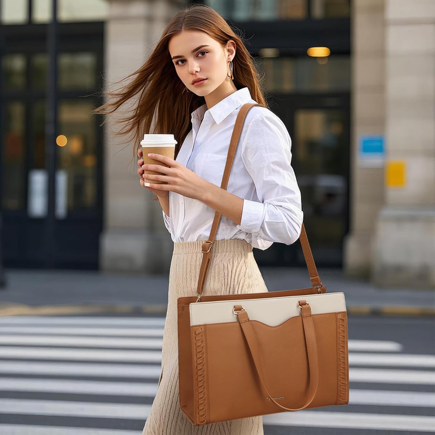 RAINSMORE Laptop Bag for Women 15.6 Inch Work Tote Bag with Detachable Strap & Bow Leather Laptop Tote with Cup Holder
