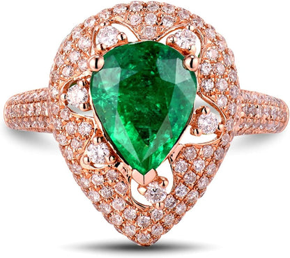 Aienid 18K Women 'S Wedding Band Rose Gold 1.67ct Pear Cut Emerald with 0.77ct Diamond Anniversary Ring for Womens