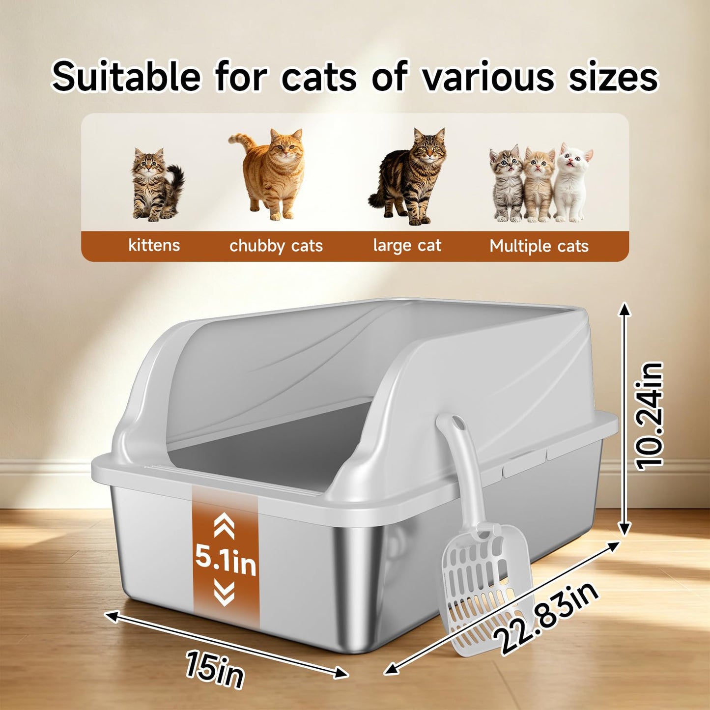 Stainless Steel Cat Litter Box, Odor Free Metal Litter Box with High Sides Lid, Open Top Low Entry Litter Pan Include Scoop Easy Cleaning Anti-Scratch Kitty Cat Box Anti-Urine Leakage, Non-Sticky