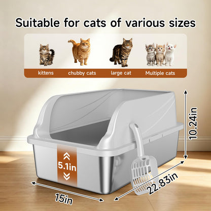 Stainless Steel Cat Litter Box, Odor Free Metal Litter Box with High Sides Lid, Open Top Low Entry Litter Pan Include Scoop Easy Cleaning Anti-Scratch Kitty Cat Box Anti-Urine Leakage, Non-Sticky